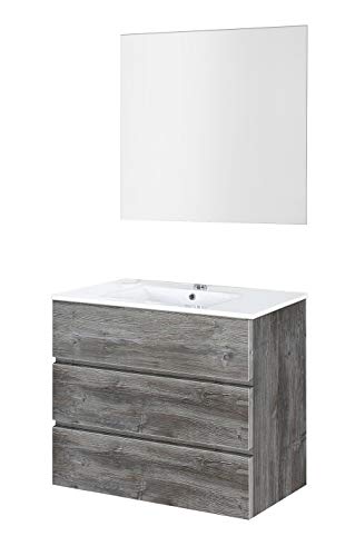 Baikal | Conjunto Completo de Mueble de Baño Suspendido a la Pared con Lavabo Cerámico y Espejo | Tres Cajones, Cierre Amortiguado, Melamina 16mm | Mueble MONTADO | Vintage | 80cm
