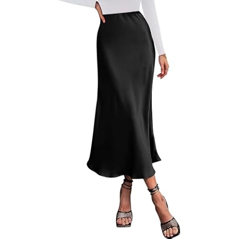 BTFBM 2024 Women Long Satin Summer Fall Skirt Silk Elegant High Waist Cocktail Party Wedding Flared A-Line Midi Skirts(Solid Black, Large) Cover