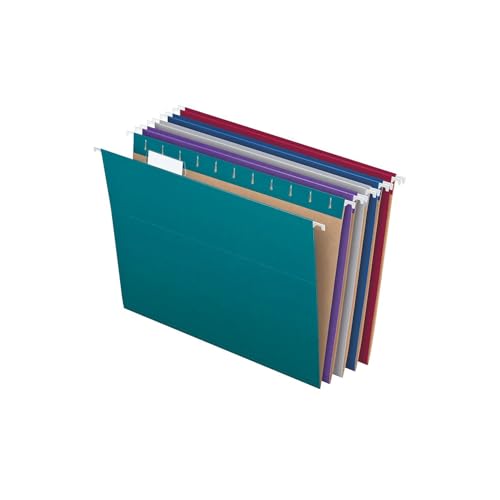 Image of Pendaflex Recycled Hanging File Folders, 25 Pack, Letter Size (8.5 inch x 11 inch), Assorted Colors, 5 Tab Positions, Includes Tabs and Inserts, Eco-Friendly Hanging Files for Office and Document Organization