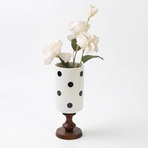 GAGALIAO Polka Dot Ceramic Vase with Retro Wooden Base, Small Vases for Flowers, Dining Table & Nightstand Decor, Compact Home Decor for Entryway or Living Room(H-7.68inches,Wooden Base)