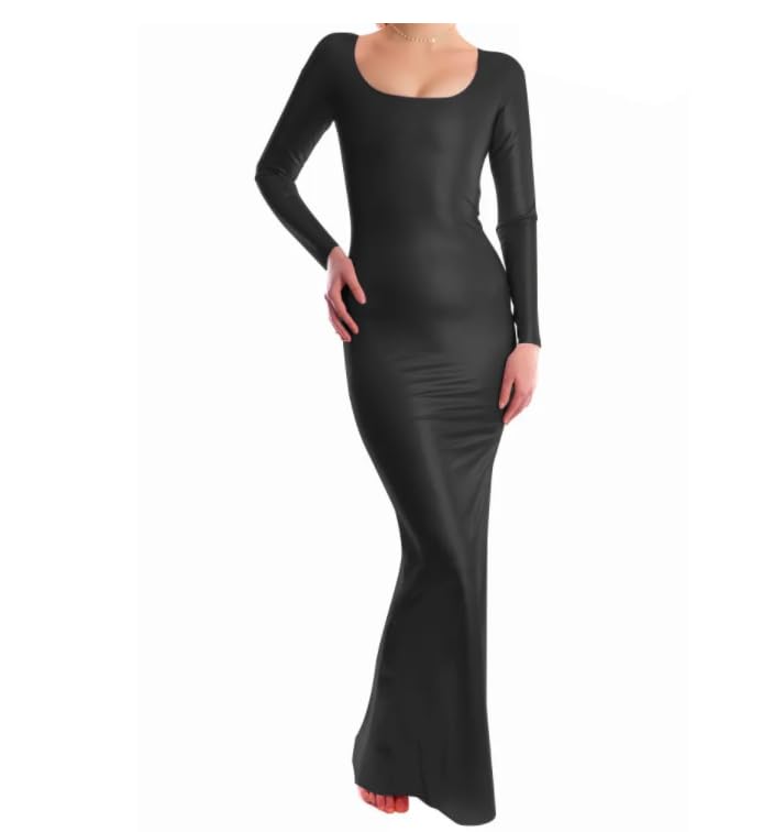 Robe longue en PVC à manches longues et col rond pour femme, coupe ajustée, taille haute, fermeture éclair dans le dos, robe de soirée en cuir