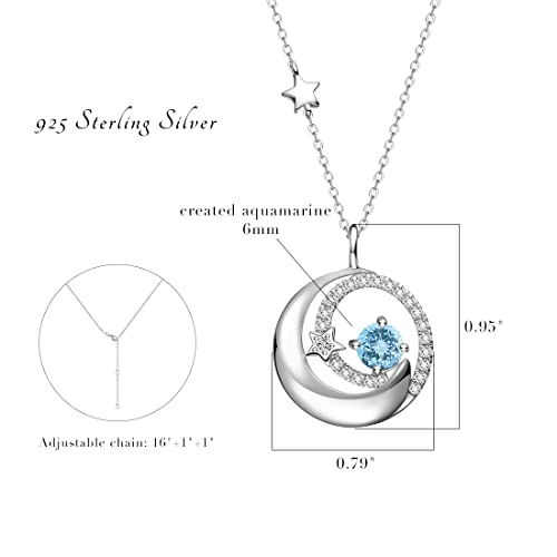925 Sterling Silver March Birthstone Moon Star Pendant Necklaces Created Blue Aquamarine Necklace Fine Jewelry Birthday Anniversary Christmas Gifts For Women Girls Mom Daughter, Adjustable Chain 16+2" #TOP5