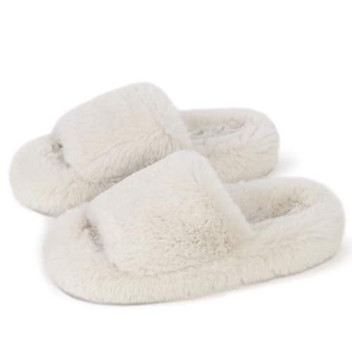 SNOWDROP Women's Open Toe House Slippers,Soft and Cute Fluffy Faux Plush Indoor Outdoor Non-slip Bedroom Slippers