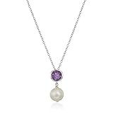 .925 Sterling Silver Bezel-Set Genuine Brazilian Amethyst and 8mm Freshwater Cultured Pearl Drop 3/4' Pendant Necklace on 18' Chain - February Birthstone