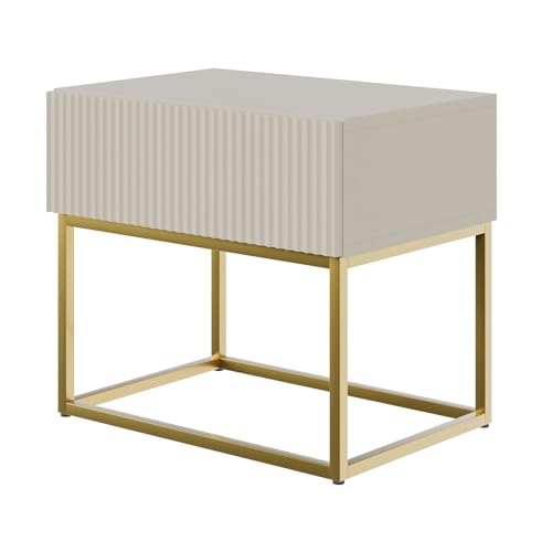 Selsey Comodino Per Camera Da Letto Con Gambe Dorate Con Cassetto A Doghe 50 x 44 cm Comodino Da Notte Grigio Beige Veldio