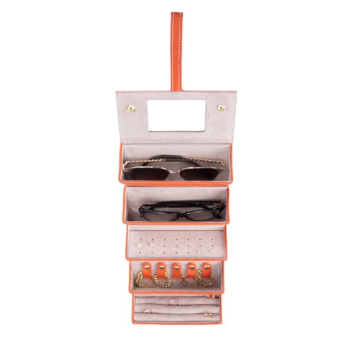 Image of Brouk & Co Leah 5 Eyewear & Jewelry Case - Pebbled Vegan Leather, Foldable Case, Snap Closure, Hanging Loop, Interior Mirror, 5 Compartments: Sunglasses and Jewelry (Orange)
