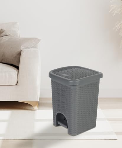Image of Superio Mini 6L Step Pedal Trash Can - Wicker Design, Hidden Mechanism, Durable Plastic, Ideal for Desktop, Countertop, Pet Waste /Dog Poop - Grey