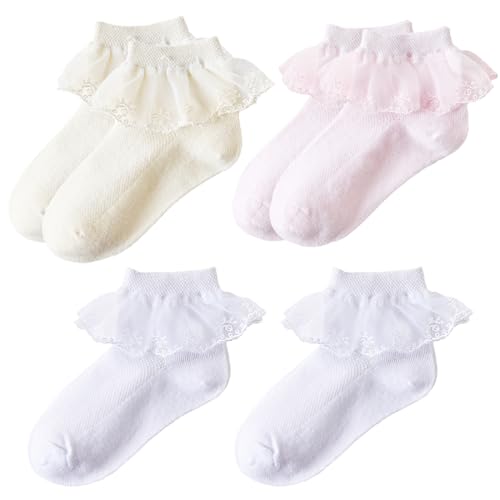 WeddHuis 3 Paare Baby Mädchen Socken Elastisch Rüschen Spitze Taufe Socken für Neugeborene Kleinkind Mädchen Kinder 3 Farben