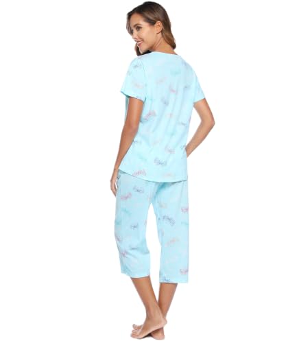 Image of ENJOYNIGHT Womens Pajama Sets Cotton Pj Set Short Sleeve Top With Capri Pants Sleepwear 2 Piece Lounge Set
