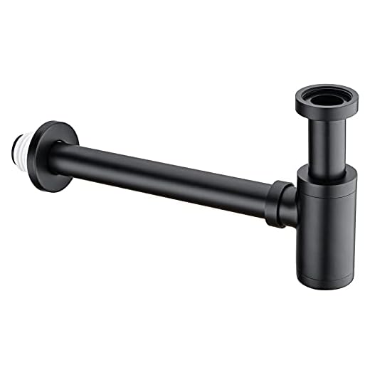 HANEBATH Brass Round Bottle P-Trap 1 1/4, Adjustable Bathroom Basin Sink Waste Trap Drain Kit, Matte Black