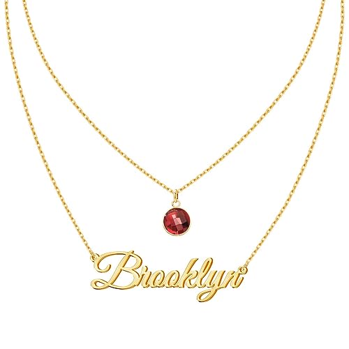 MeMoShe Layered Choker Name Necklace Personalized with Birthstone, Custom Nameplate Pendant 18K Gold Plated Necklace Christmas Gift (18K Gold-Birthstone)