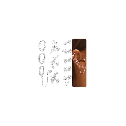 Dochais 11Pcs Pendientes Mujer Piercing Oreja Pendientes Acero Inoxidable Mujer Hipoalergenicos Chapado en Plata Pendiente Plano Aro Botón Cadena Piercing Tragus Helix Cartílago Conch