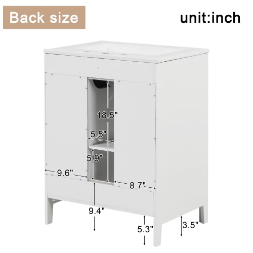 Harper & Bright Designs 24" Bathroom Vanity with Sink, Free Standing Single Basin Vanity Set with Two Drawers and Glass Door, Modern Wooden Bathroom Cabinet with Ceramic Basin for Bathroom, White