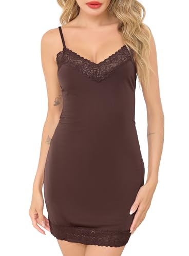 Sopesil Anáguas para mulheres combinações para vestidos com renda camiões alças Full Slip mulher Petticoat elegante mini vestido alças sexy, Marrom escuro, L