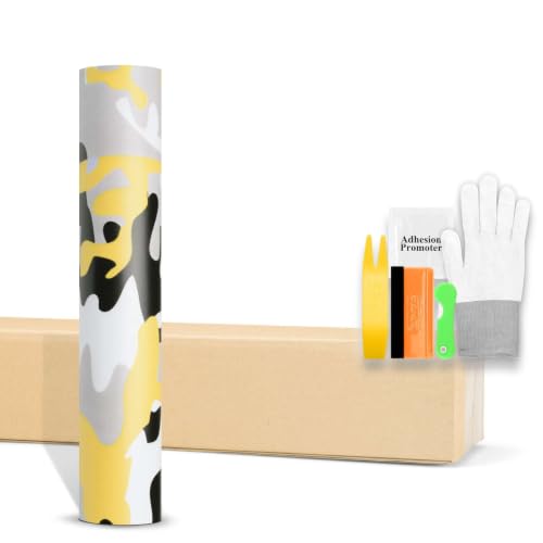 20"x60" (1.6FTx5FT) Camouflage Yellow Black Viny Wrap Sticker DIY Decal Car Auto Vehicle Motorcycle Air Release Bubble Free Self Adhesive Peel and Stick Free Tool Kit