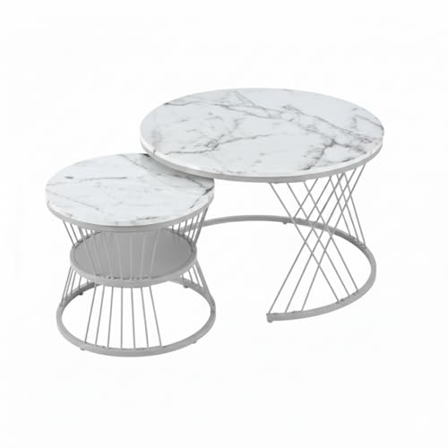 Image of The Round Coffee Table and The Stacking Tea Table with a Gold Metal Frame are Two Versatile Modern Center Tables that Look Great in Living Rooms (X Gry White)