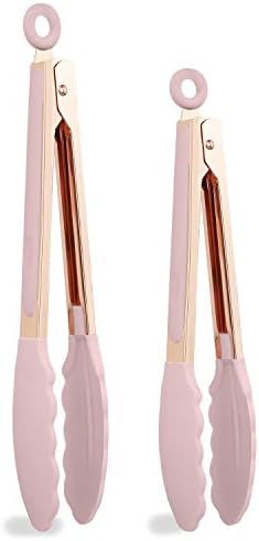COOK WITH COLOR Stainless Steel Silicone Tipped Kitchen Food BBQ and Cooking Tongs Set of Two 9” and 12” for Non Stick Cookware, BPA Fee, Stylish, Sturdy, Locking, Grill Tongs, Rose Gold and Pink