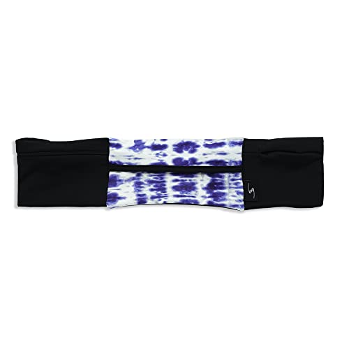 3 Pocket Adjustable Running Belt Waist Pack, Fanny Pack For Working Out With Sweat Resistant Backing, Holds All iPhone Models (Tie Dye/Blue, Small/Medium)