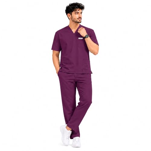 Image of Unisex Medical Scrub Suit Set, V-Neck Top with Pants, Short Sleeve, Polyester Cotton Blend, 7 Pockets, Regular Fit, Hospital Doctor Nurse Uniform