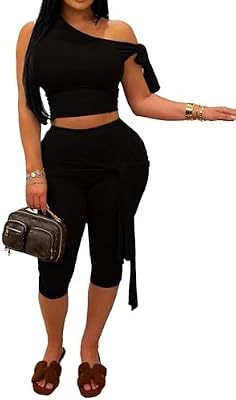 CXXQ Sexy 2 Piece Outfits - Off Shoulder Self Tie Crop Top and Capri Legging Set Tracksuit