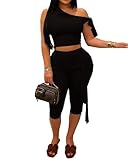 CXXQ Sexy 2 Piece Outfits Off Shoulder Self Tie Crop Tops and Capri Legging Set Tracksuits Clubwear Black XL