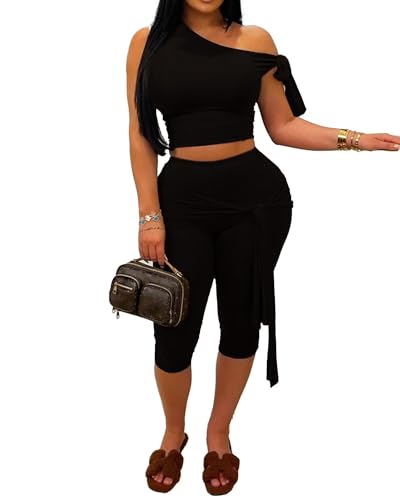 CXXQ Sexy 2 Piece Outfits Off Shoulder Self Tie Crop Tops and Capri Legging Set Tracksuits Clubwear
