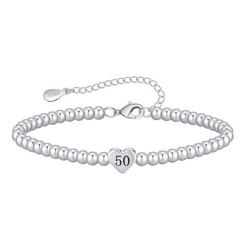 VEEDOFA Geschenke zum 50. Geburtstag für Frauen, Hypoallergene Perle Adjustierbar Armkette aus 925 Sterling Silber, Geschenke zum 50. Geburtstag für Frauen Mutter Oma Schwester Freundinnen