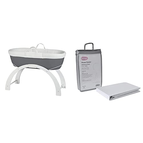 Shnuggle Dreami Moses Basket and Stand | Bedside Crib Sleeper with 3 positions | Breathable airflow covers | Modern Curve Stand | Slate Grey and White Stand & Moses Basket Waterproof Sheet
