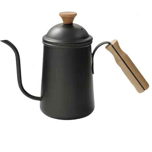 Uevmo コーヒーポット ドリップ式 ステンレス製 木製ハンドル 厚手仕様 業務用 650ml 蓋付き 細口デザイン アウトドア用品 (ブラック)