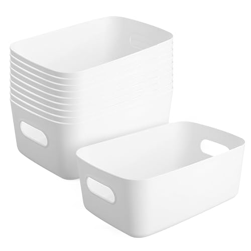 Woobroo 10 Pack Storage Boxes, White Storage Baskets, Stackable, 25X16X10 CM Storage Boxes for Kitchen, Cabinets, Office, Bathroom
