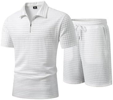 JMIERR Men's 2 Piece Waffle Knit Outfit Half Zip Polo Shirt and S...