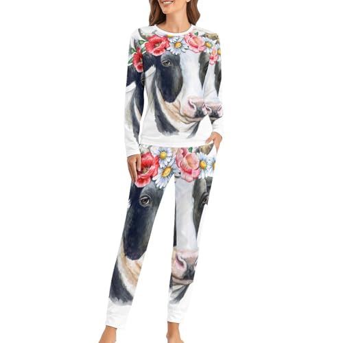 Pyjama vache femme ensemble sleepwear pantalon t-shirt manches longues