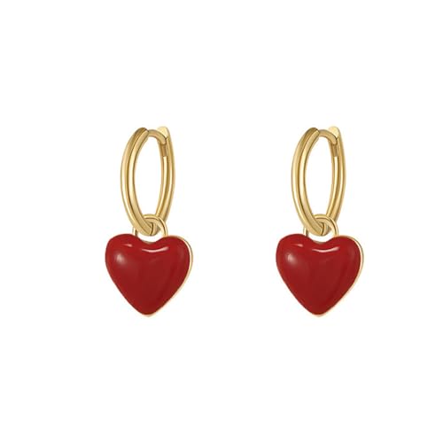 Cute Red Heart Love Dangle Drop Small Huggie Hoop Earrings for Women Vintage Minimalist Gold Plated Enamel Charm Hoops Dainty Hypoallergenic Jewelry for Her