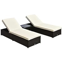 Outsunny 3 Pieces Rattan Sun Loungers with Side Table, 5-Level Adjustable Garden Recliner Sun Loungers Set of 2 with Cushions, Wicker Outdoor Patio Furniture with Glass Top Coffee Table, Dark Brown