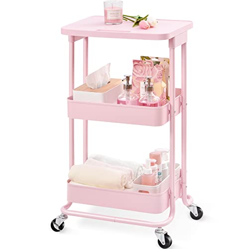 TOOLF 3-stöckiger Metall-Rollwagen mit praktischer Tischplatte, 3-stöckiger Metall-Servierwagen mit kontralem Griff, Trolley-Organizer mit feststellbaren Rädern für Bibliothek, Zuhause, Schlafzimmer Cover