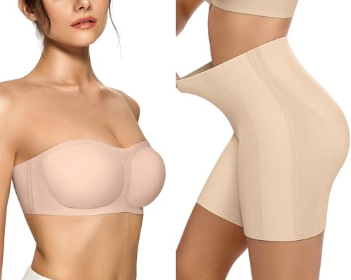 OEAK Womens Strapless Bras Push Up Bandeau Bra & Tummy Control Shapewear Nude L