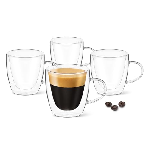 DLux Espresso Coffee Cups with Handles, Double Wall Clear Glass, Insulated Borosilicate Glassware Tea Cup, 4 pcs, 90 ml