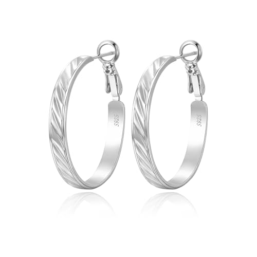 Twill Gold Silver Hoop Earrings for Women, Hypoallergenic 14K Gold Plated Hoops, Lightweight 925 Sterling Silver Post Big Earrings for Women Jewelry Gifts 30/40/50/60MM