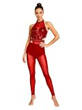 XUNZOO Tuinanzug Damen Gymnastikbody Damen Eiskunstlauf Tanzanzug Eiskunstlauf Overall Gymnastik Kostüm Ein-Schulter Für Wettbewerbsbühne Rot XXL