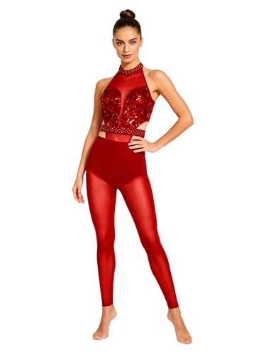 Image of Riismen Women Figure Skating Jumpsuit One-piece Leotard Performance Competition Unitard Full Body Rompers Red S