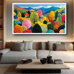 Art mural collines et arbres colorés pour salon moderne nordique