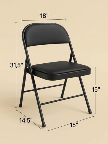 Image of Folding Chairs with Padded Seat & Backrest, Heavy-Duty Steel Frame, Portable & Compact Foldable Chairs, Iran Chair, Waterproof Vinyl Cushion, No Assembly Required, Black