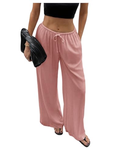SHENHE Women's Summer Linen Low Rise Drawstring Wide Leg Beach Palazzo Pants Trousers Pink Large