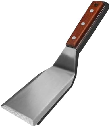 Amlits Espátula de metal profesional ideal para sartenes de hierro fundido y parrillas planas, mango de madera de espiga completa, hoja de acero inoxidable de 0.06 pulgadas de grosor, perfecta para