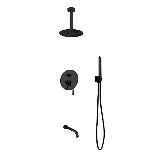 Aqua Rondo Matte Black Shower Set w/ 8" Ceiling Mount Round Rain Shower, Handheld and Tub Filler