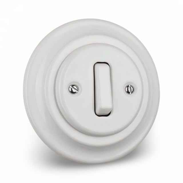 Vintage Ceramic Light Switch, White Porcelain, Single 2-Way, Flush-Mounted, UK Standard