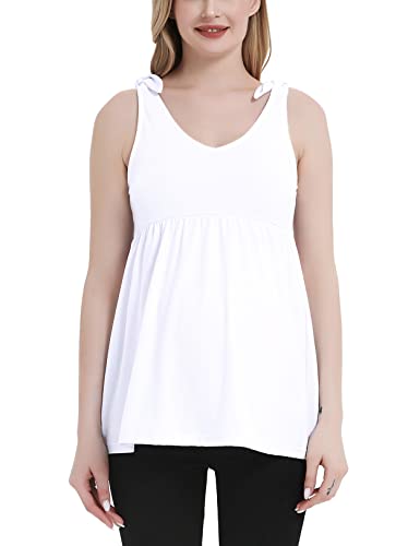 Ginkana Maternity Tank Top Tie Shoulder Strap T-Shirt Tunic Cute Peplum Hem Sleeveless Pregnancy Basic Shirt Blouse,White,L #TOP19