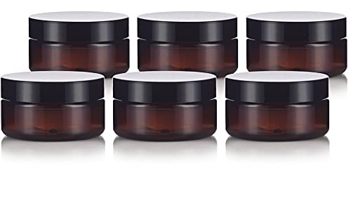 2 oz Amber PET Plastic Low Profile Jar with Black Smooth Lids (6 pack)