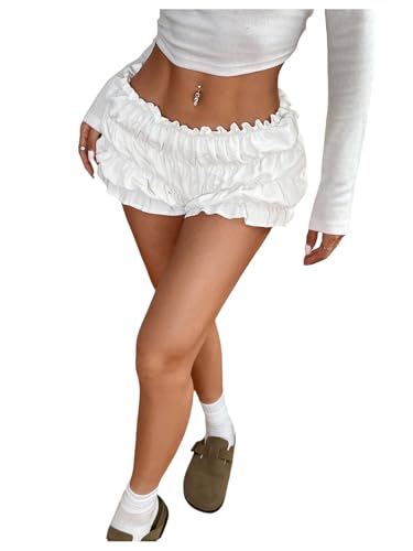 GORGLITTER Women's Y2k Frill Trim Ruffle Hem Mini Shorts Low Elastic Waist Lolita Bloomers White S