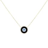 CARISSIMA Women's 9ct Yellow Gold Black Enamel With Blue Topaz And Diamonds 12.4mm Round Necklace 39cm/15.5' - 44.5cm/17.5'